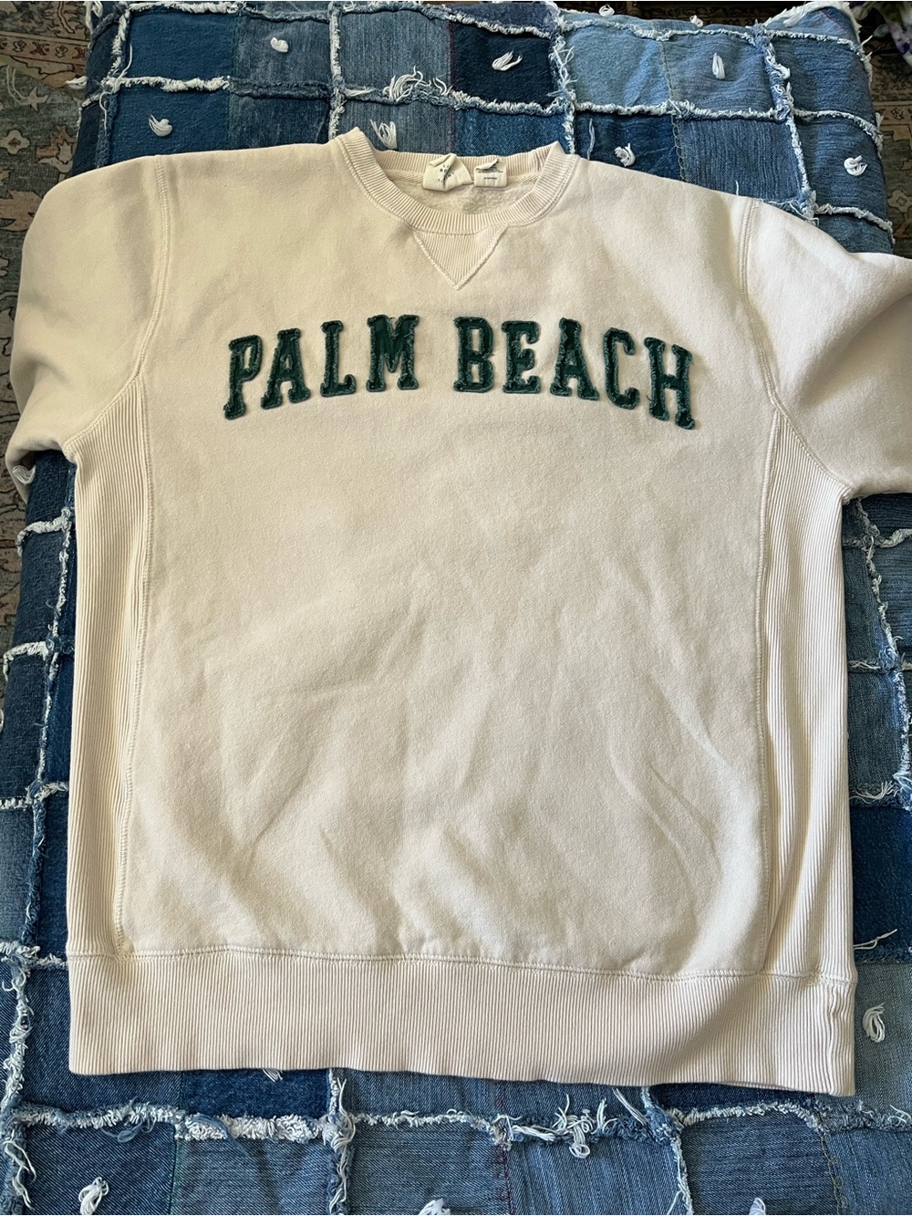 Blue 84 Retro Palm Beach Cream Crewneck with Green Appliqué raised lettering.